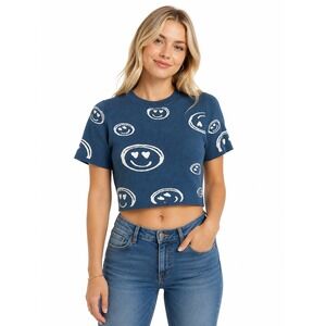 Debut Blue Smiley Face Knit Short Sleeve Crop Top Sweater S Y2K Indie Retro